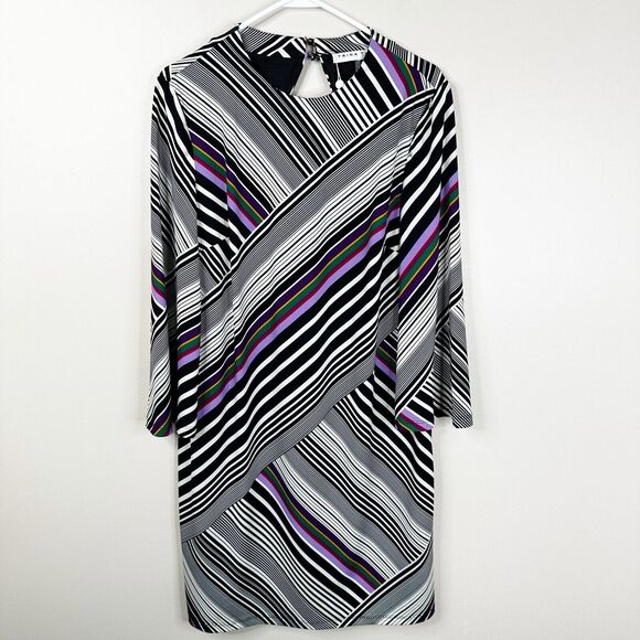 NEW Trina Turk Dress Large Asymmetrical Striped Keyhole Shift Stretch - Picture 1 of 11